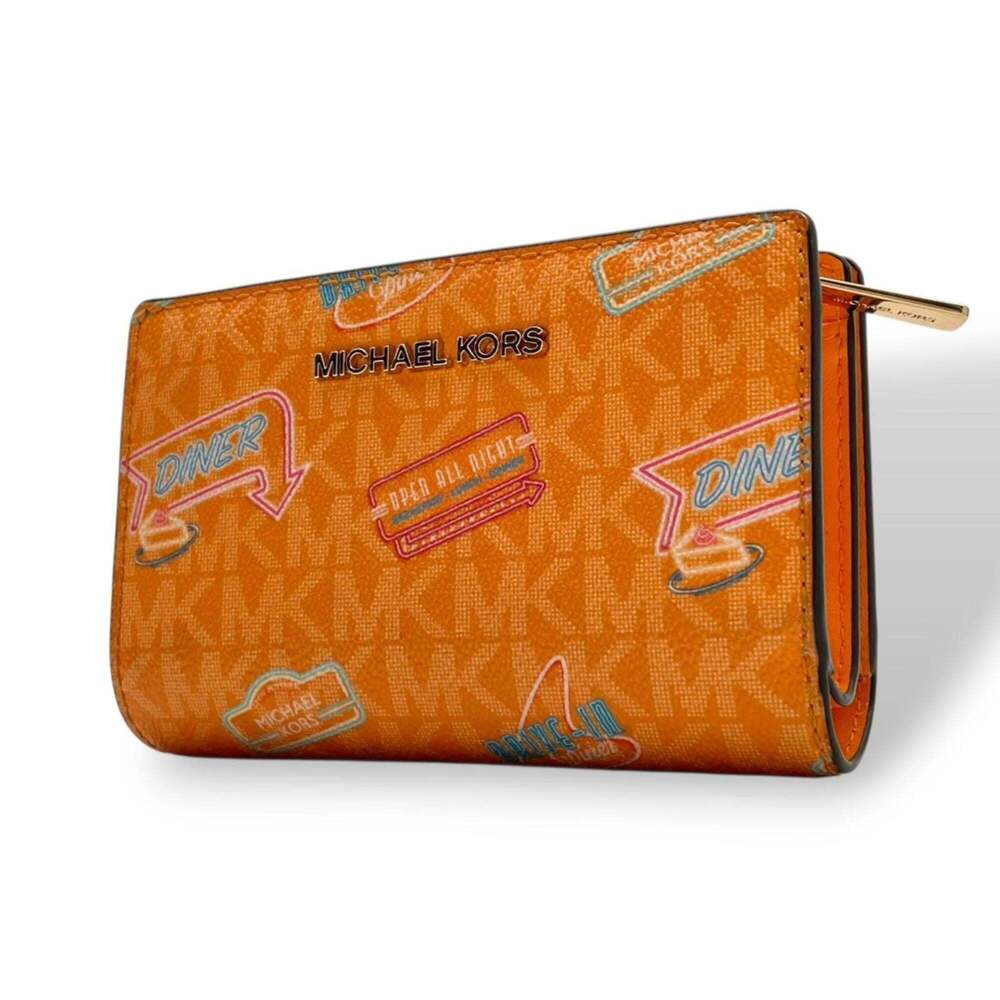 Michael Kors Bi-fold Wallet with L-shaped Zipper, PVC Leather, Orange, MK Sig...
